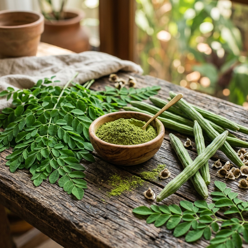 Fresh Moringa leaves and powder